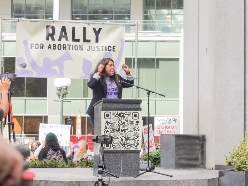 A speaker at the Rally for Abortion Rights at Westlake Center in Seattle