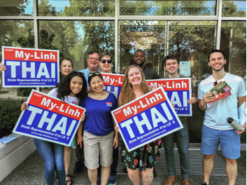 Fuse members getting ready to canvas for My-Linh Thai for the August Primary
